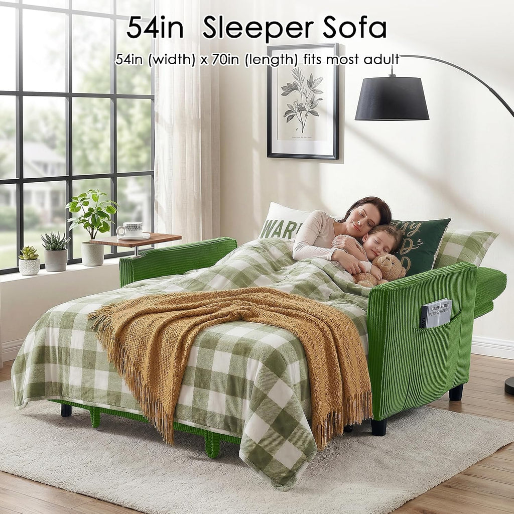 Sleeper Sofa Bed, 54'' Convertible Pull Out Couch with Small Table| USB Port | Stand Table| Corduroy Fabric | Adjustable Backrest for Apartment, Office, Bedroom, Guest Room(Green)