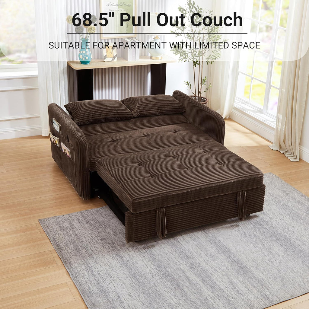 55.5' Corduroy Convertible Sofa Bed, Pull Out Sleeper Sofa Bed, Loveseat Couch with USB Charging Ports, 3 in 1 Convertible Sleeper Sofa Bed for Living Room, Apartment, Bedroom, RV, Beige