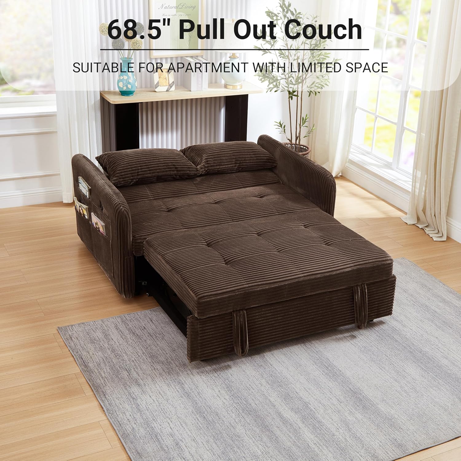 55.5' Corduroy Convertible Sofa Bed, Pull Out Sleeper Sofa Bed, Loveseat Couch with USB Charging Ports, 3 in 1 Convertible Sleeper Sofa Bed for Living Room, Apartment, Bedroom, RV, Beige