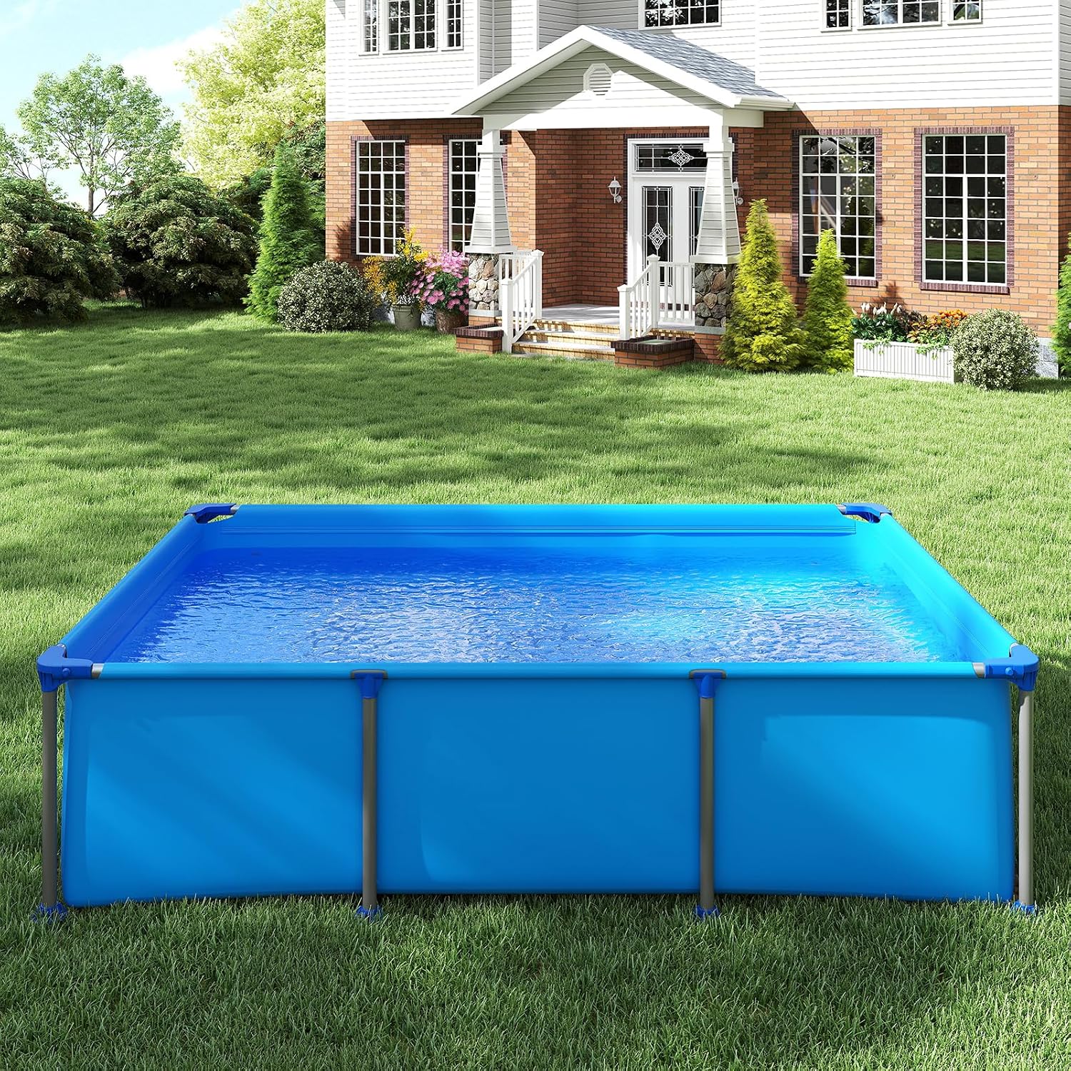 GYMAX 8.5' x 6' x 26' Metal Frame Above Ground Swimming Pool, Outdoor Backyard Famliy Pool w/Puncture-Resistant Fabric, Drainage Valve Connector for Kids & Adults (8.5' x 6' x 26', Rectangle, Blue)