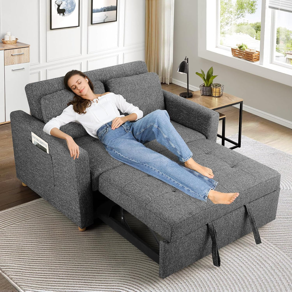 SEJOV Sleeper Sofa, 3-in-1 Convertible Pull Out Couch Bed Futon Sofa, Linen Fabric Loveseat with 2 Pillows and Adjustable Backrest, Chaise Lounge for Small Spaces Apartment Dorm, Office, Black