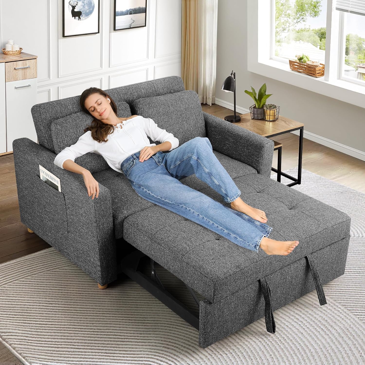 SEJOV Sleeper Sofa, 3-in-1 Convertible Pull Out Couch Bed Futon Sofa, Linen Fabric Loveseat with 2 Pillows and Adjustable Backrest, Chaise Lounge for Small Spaces Apartment Dorm, Office, Black
