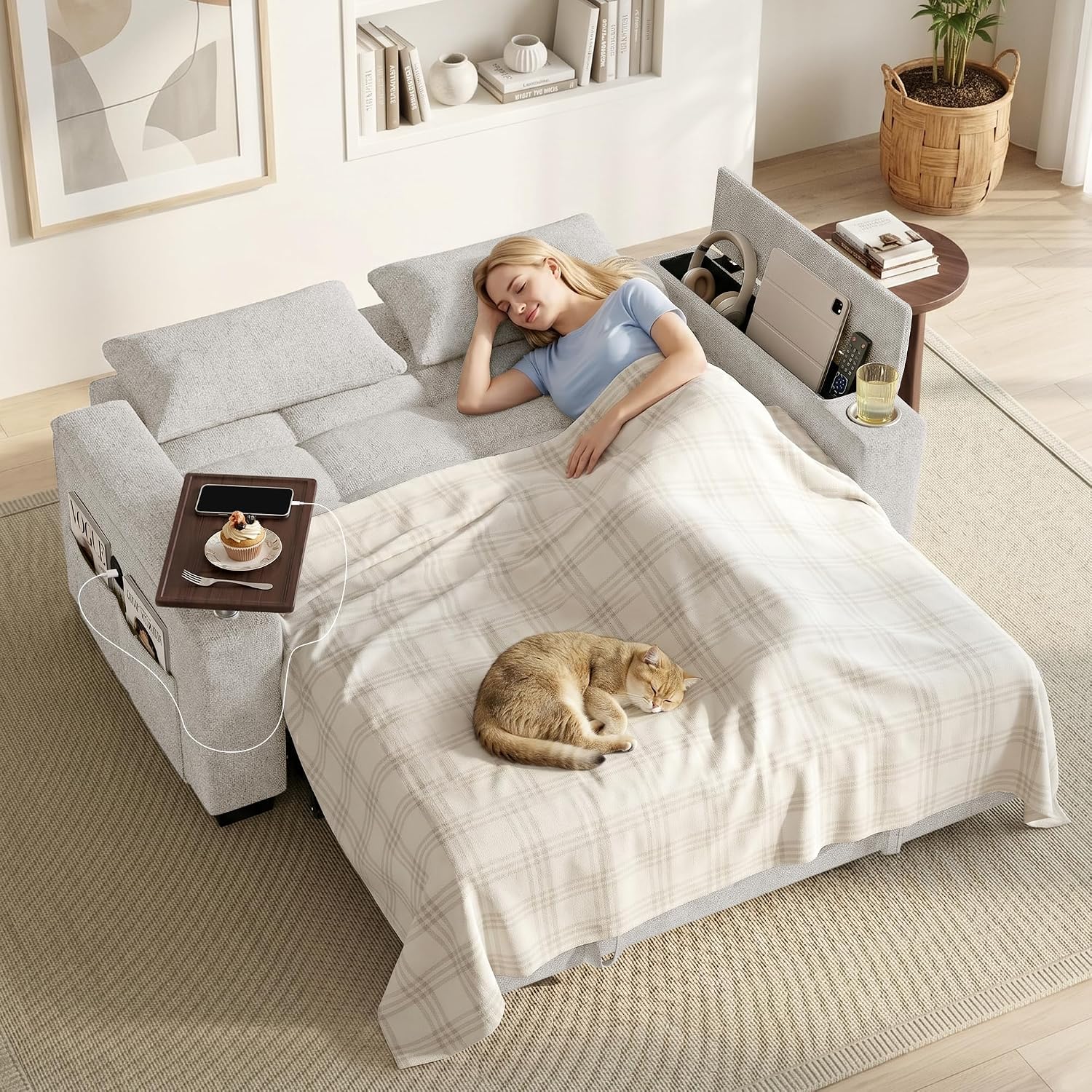 68'' Sleeper Sofa Bed, Pull Out Couch with 360° Swivel Side Table | USB Port | Adjustable Backrest | Cup Holder | Chenille Fabric Loveseat for Living Room, Apartment, Office (Beige)