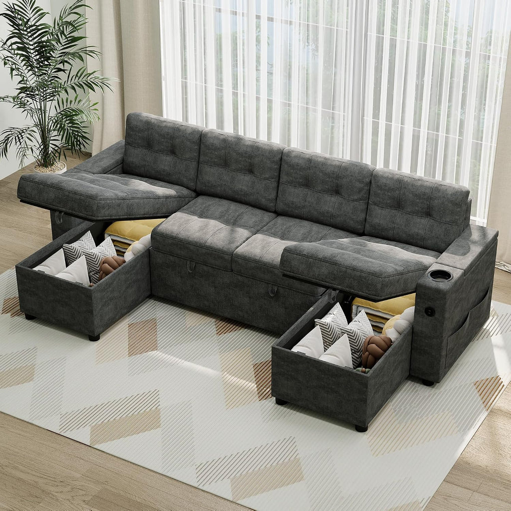 IDEALHOUSE U-Shaped Couches for Living Room, Sofa Bed for Living Room with Reversible Storage Chaises and Hidden Storage Armrests, Cup Holders and USB Charging Ports Included, Dark Grey