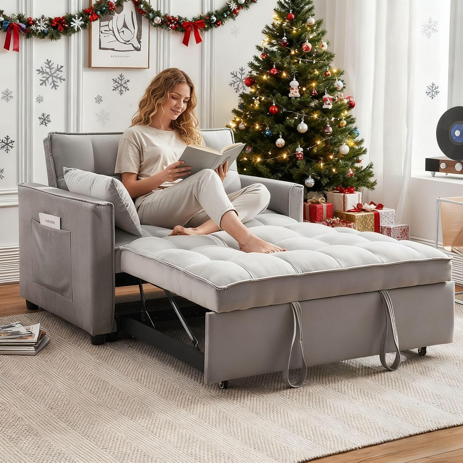 3-in-1 Loveseat Sleeper Sofa, Modern 55.5' Pull Out Couch, Velvet Upholstered Futon Sofa Bed with Adjustable Backrest, Convertible Sofa Bed with Storage Pockets for Living Room(Light Grey)