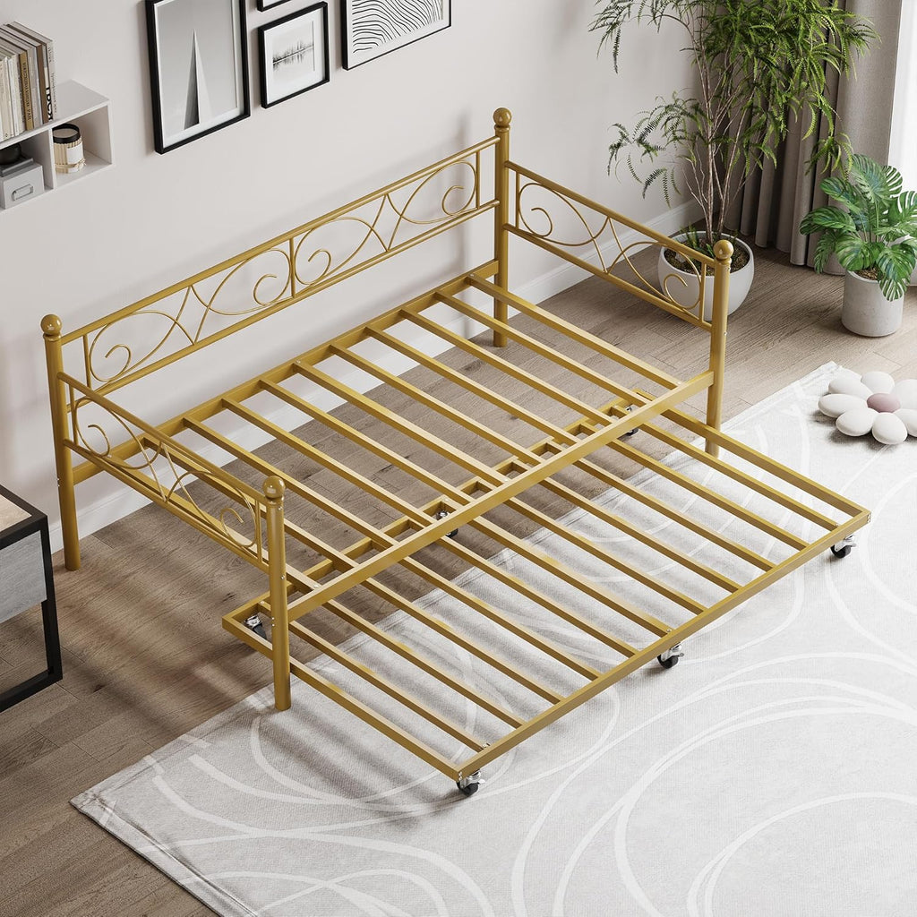 IDEALHOUSE Twin Daybed with Trundle, Metal Trundle Bed, Sofa Bed Frame, Heavy Duty Metal Slats, for Living Room, Bedroom, Guest Room, Space Saving, Gold