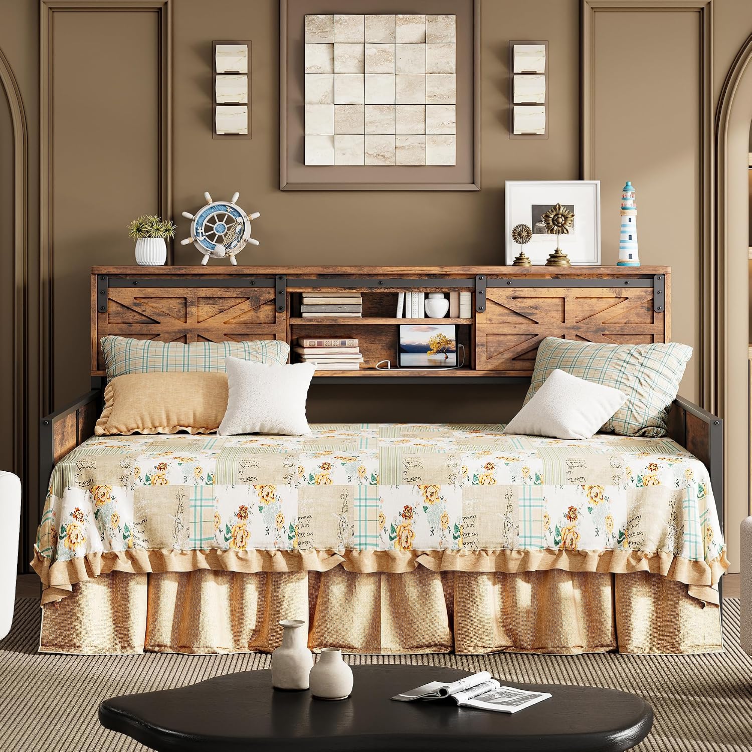 LIKIMIO Daybed with Trundle Bed, Sofa Bed Twin with Charging Station, with Storage Headboard & Strong Support, for Living Room, Bedroom and Guest Room, Industrial Brown