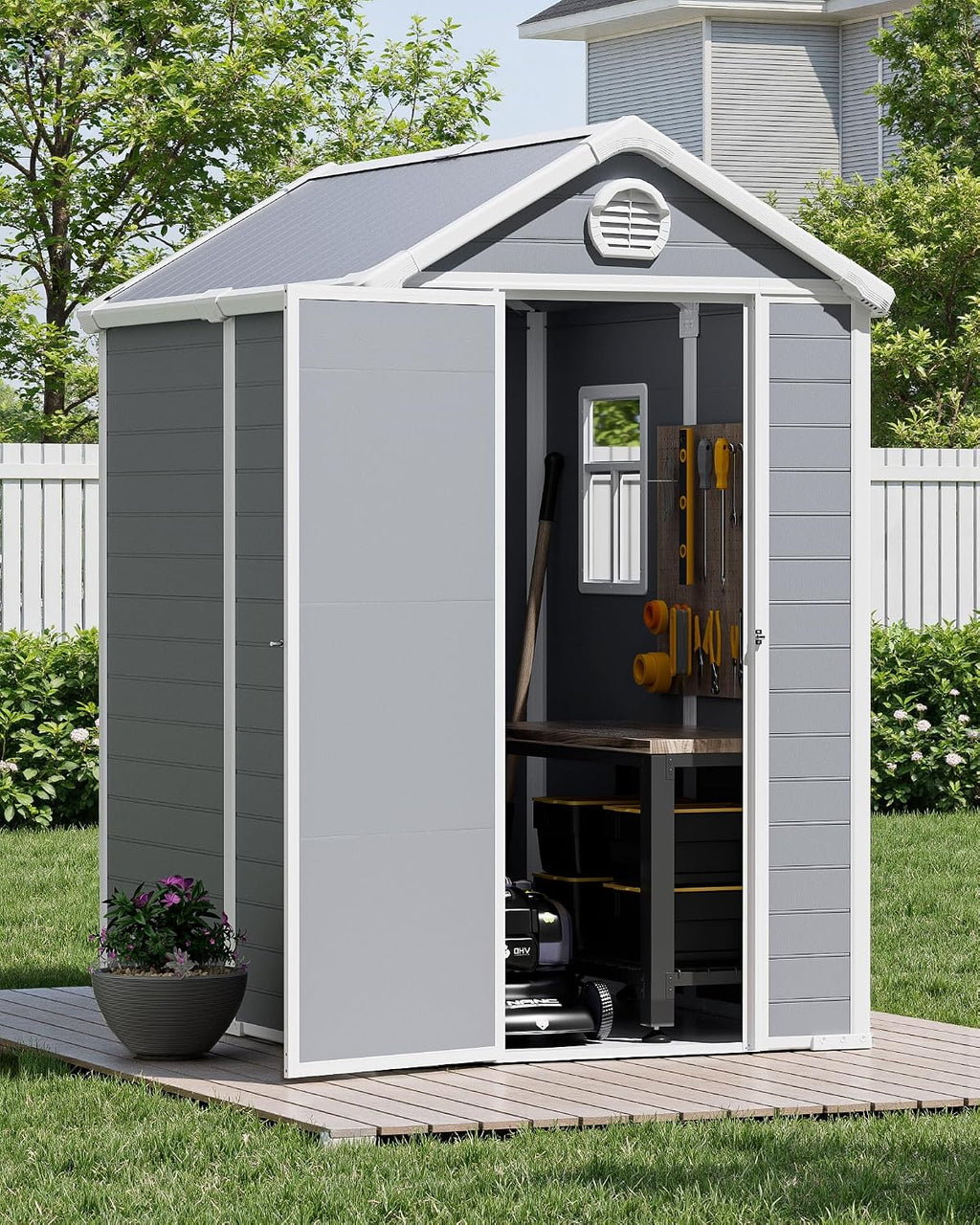 6x4.5 Large Outdoor Storage Shed with Floor, Spacious Tool Shed for Lawn Mower, Bike, and Patio Furniture, Includes Lockable Door and Ventilation, Aritic Light Gray