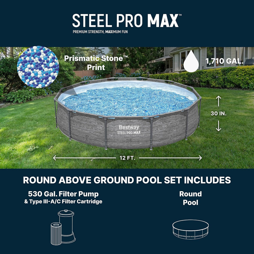 Bestway Steel Pro MAX 12' x 30' Above Ground Pool, Round Metal Frame Outdoor Swimming Pool Set with Filter Pump, Stacked Stone Print