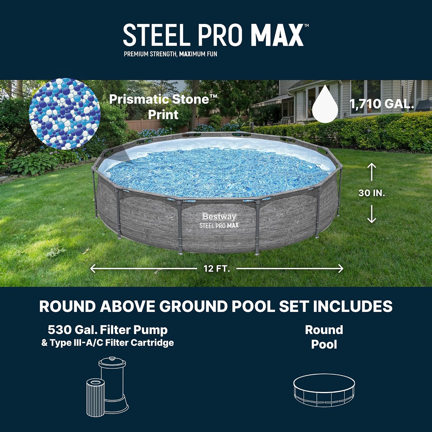 Bestway Steel Pro MAX 12' x 30' Above Ground Pool, Round Metal Frame Outdoor Swimming Pool Set with Filter Pump, Stacked Stone Print