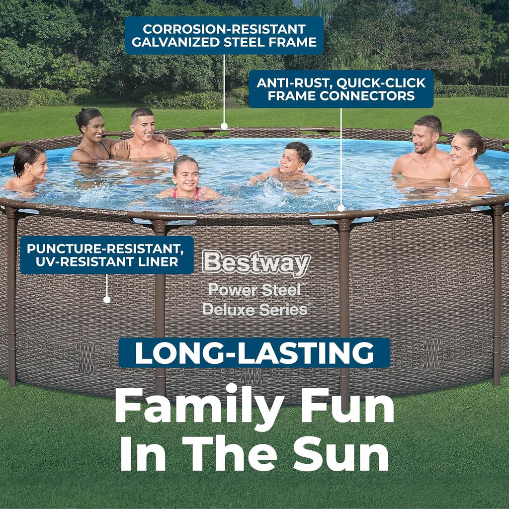 Bestway Power Steel 14' x 42' Round Above Ground Outdoor Backyard Swimming Pool Set with 1,000 GPH Filter Pump, Ladder, and Pool Cover