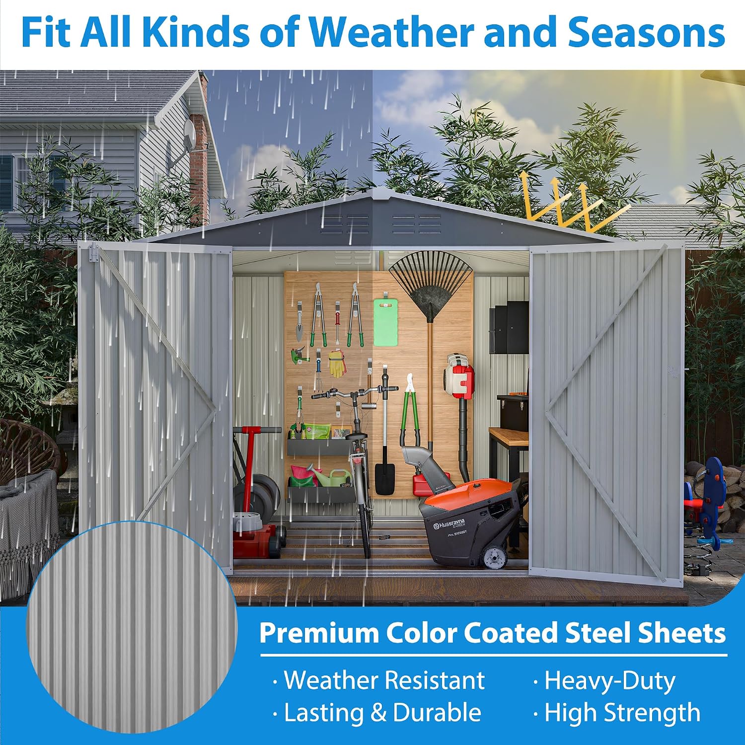 YOPTO 8 x 6 FT Outdoor Storage Shed with Floor Frame,Utility Metal Tool Storage with Lockable Doors,Air Vents & Waterproof Roof, Large Garden Shed for Backyard, Patio Lawn,Gray