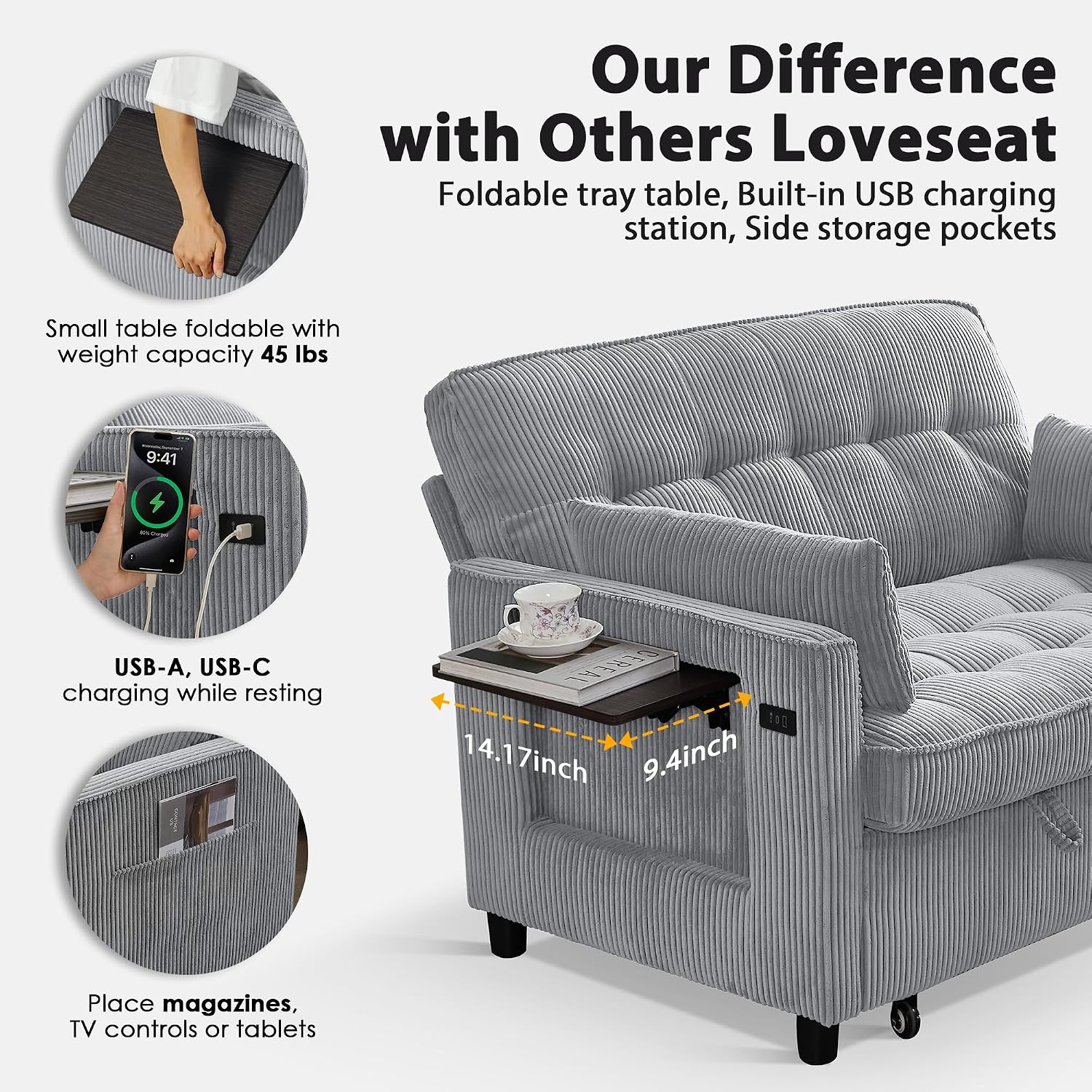 Sleeper Sofa Bed, 55'' Convertible Pull Out Couch with Small Table| USB Port | Side Pockets | Corduroy Fabric | Adjustable Backrest for Apartment, Office, Bedroom, Guest Room(LightGray)