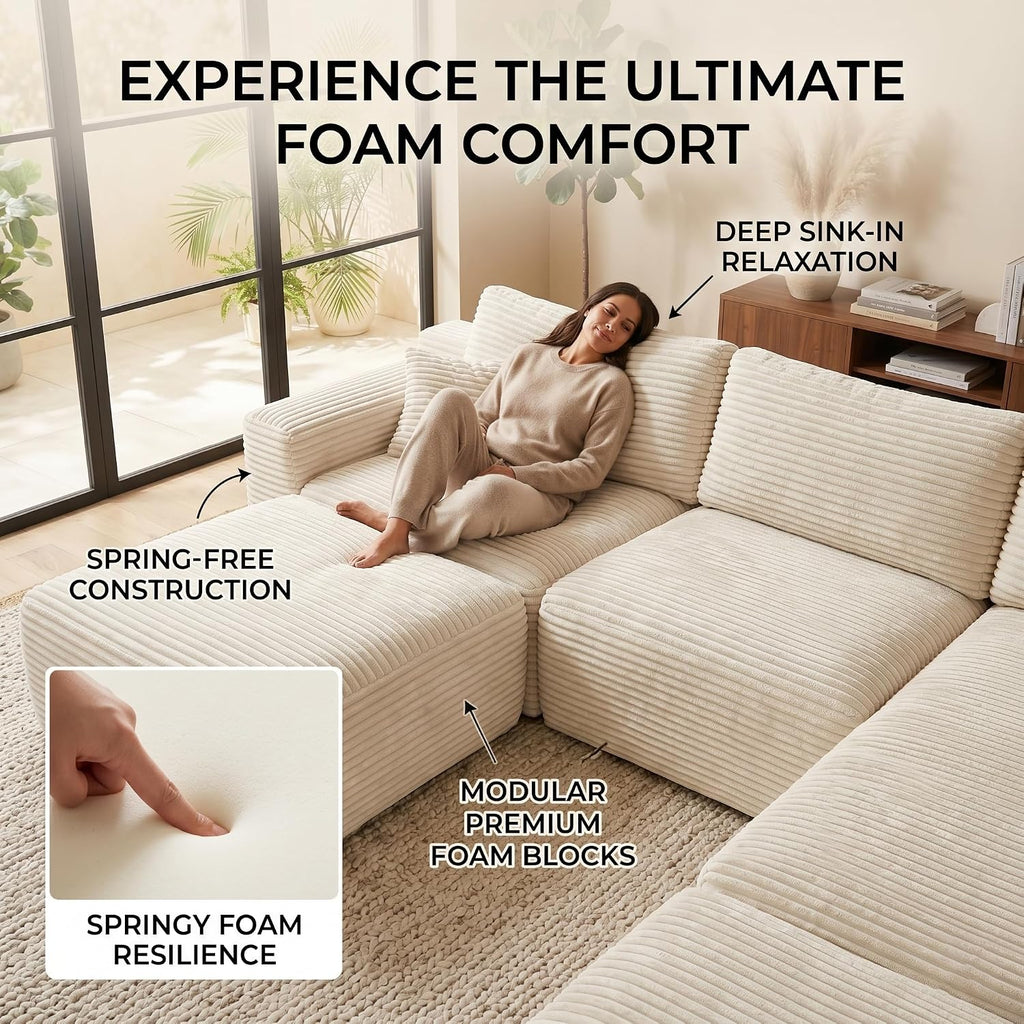 Oversized Boneless Couch for Living Room, Corduroy Fabric Cloud Couch, Modular Sectional Sofa, Modern Living Room Furniture with Ottoman, Memory Foam Sofa in a Box No Assembly