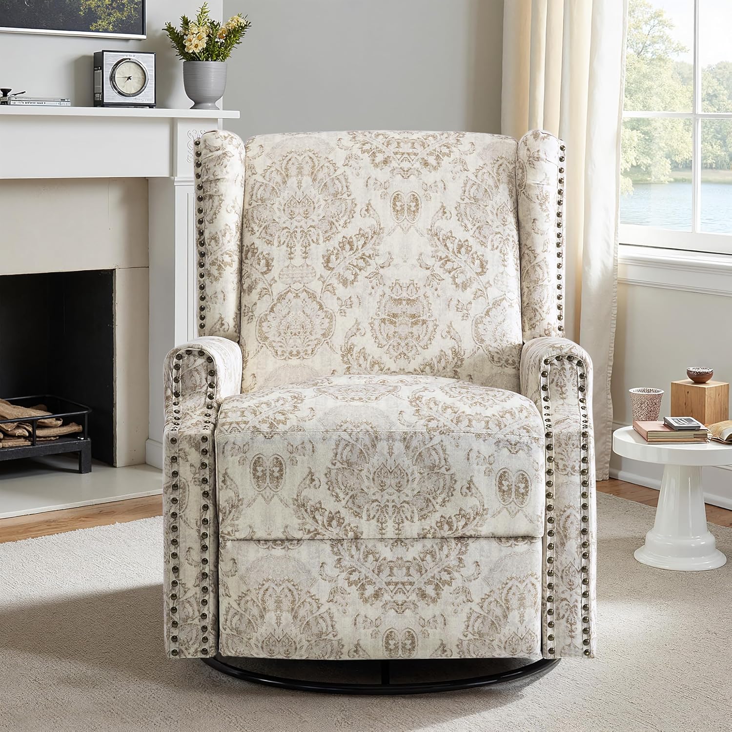 Lumibee Swivel Rocker Recliner Chair Set of 2, Printed Fabric Swivel Glider Rocking Chair with High Back, Upholstered Deep Seat Wingback Recliner Chair for Living Room Bedroom, Beige