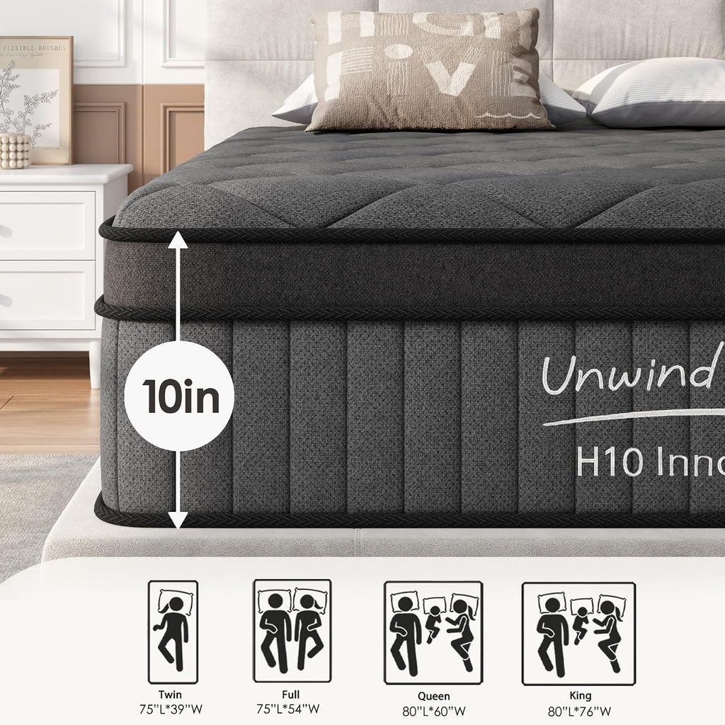 Mattress King Size 10 Inch, Mattress with Gel Memory Foam and Pocket Springs, Euro Top Medium Firm, Black