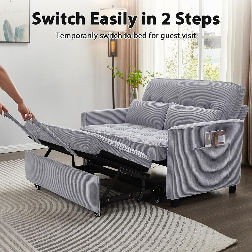 Sleeper Sofa Bed, 55'' Convertible Pull Out Couch with Small Table| USB Port | Side Pockets | Corduroy Fabric | Adjustable Backrest for Apartment, Office, Bedroom, Guest Room(LightGray)