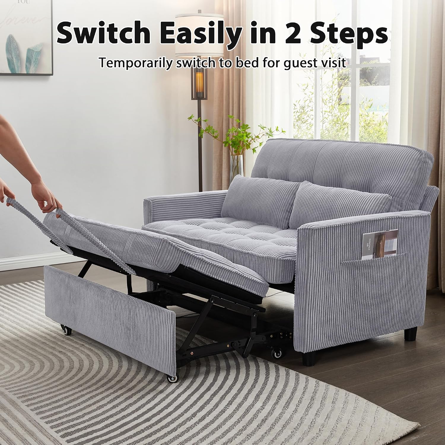 Sleeper Sofa Bed, 55'' Convertible Pull Out Couch with Small Table| USB Port | Side Pockets | Corduroy Fabric | Adjustable Backrest for Apartment, Office, Bedroom, Guest Room(LightGray)