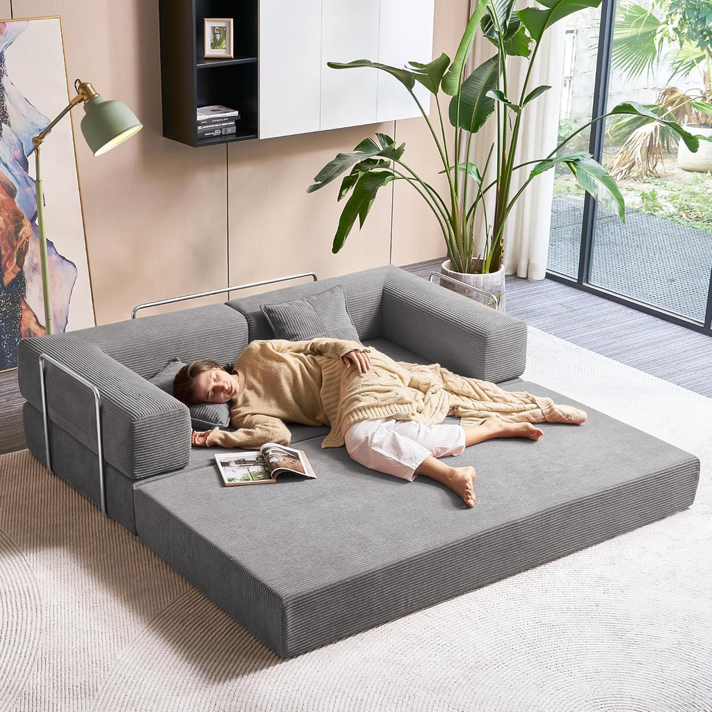 Compression Sofa - 78''Convertible Floor Sofa Bed - with Pillow Back Support Armrest - Comfy Foldable Sofa Bed Compressed Sofa in Box - Corduroy Fabric - for Living Room Bedroom - Silver