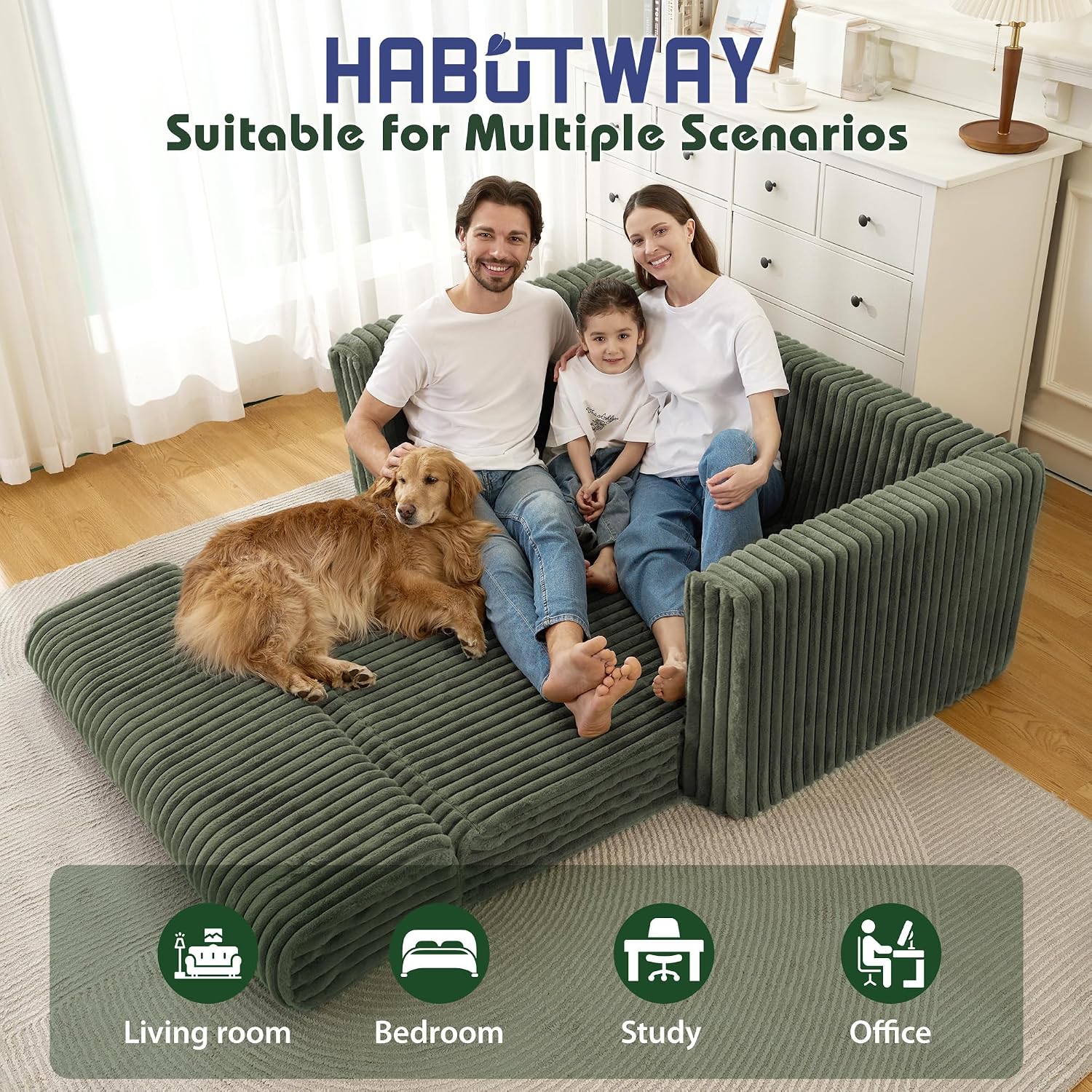 HABUTWAY Folding Sofa Bed, 2 in 1 Convertible Sleeper Chair with Armrest, Portable Fold Out Chair Bed, Comfy Floor Couch, Multi-Functional Lazy Sofa for Living Room Bedroom Dorm Home Office, Green