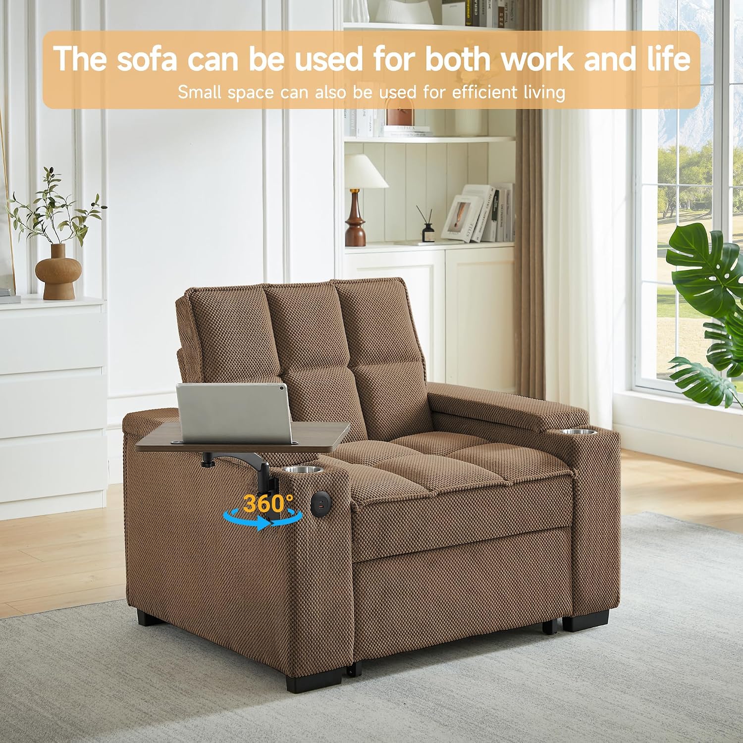 oaaktu Large Size Convertible Sleeper Chair Futon Sofa Bed, Comfortable Thick Cushion Single Sleeper Sofa Handheld Storage and Adjustable Backrest | Reading Chair with Rotating Small Table (Coffee)