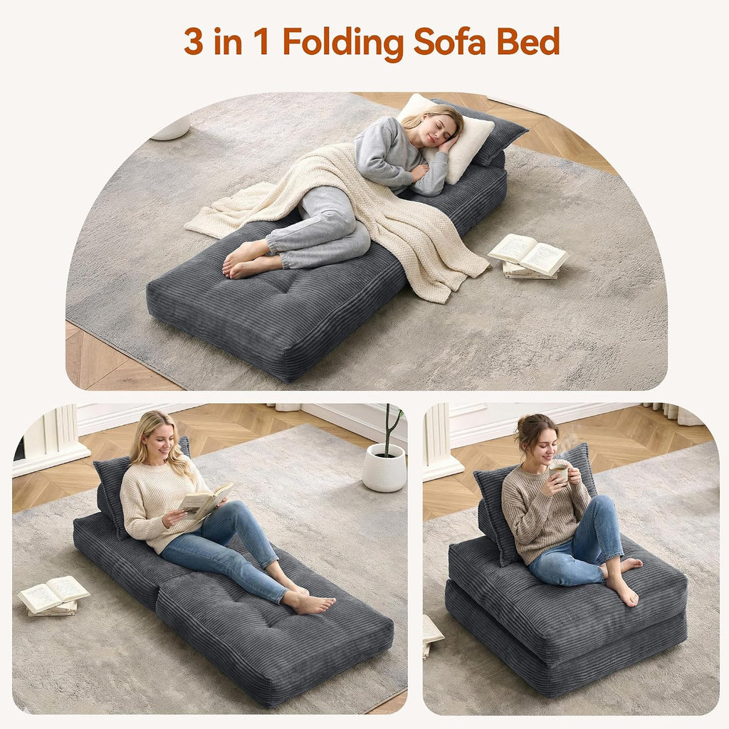 MONVANE Folding Sofa Bed, Fold Out Chair Bed with Pillow, Convertible Sleeper Chair for Living Room/Small Spaces, Foldable Lazy Sofa Bed Floor Chair, Comfy Corduroy Couch Bed, Dark Grey