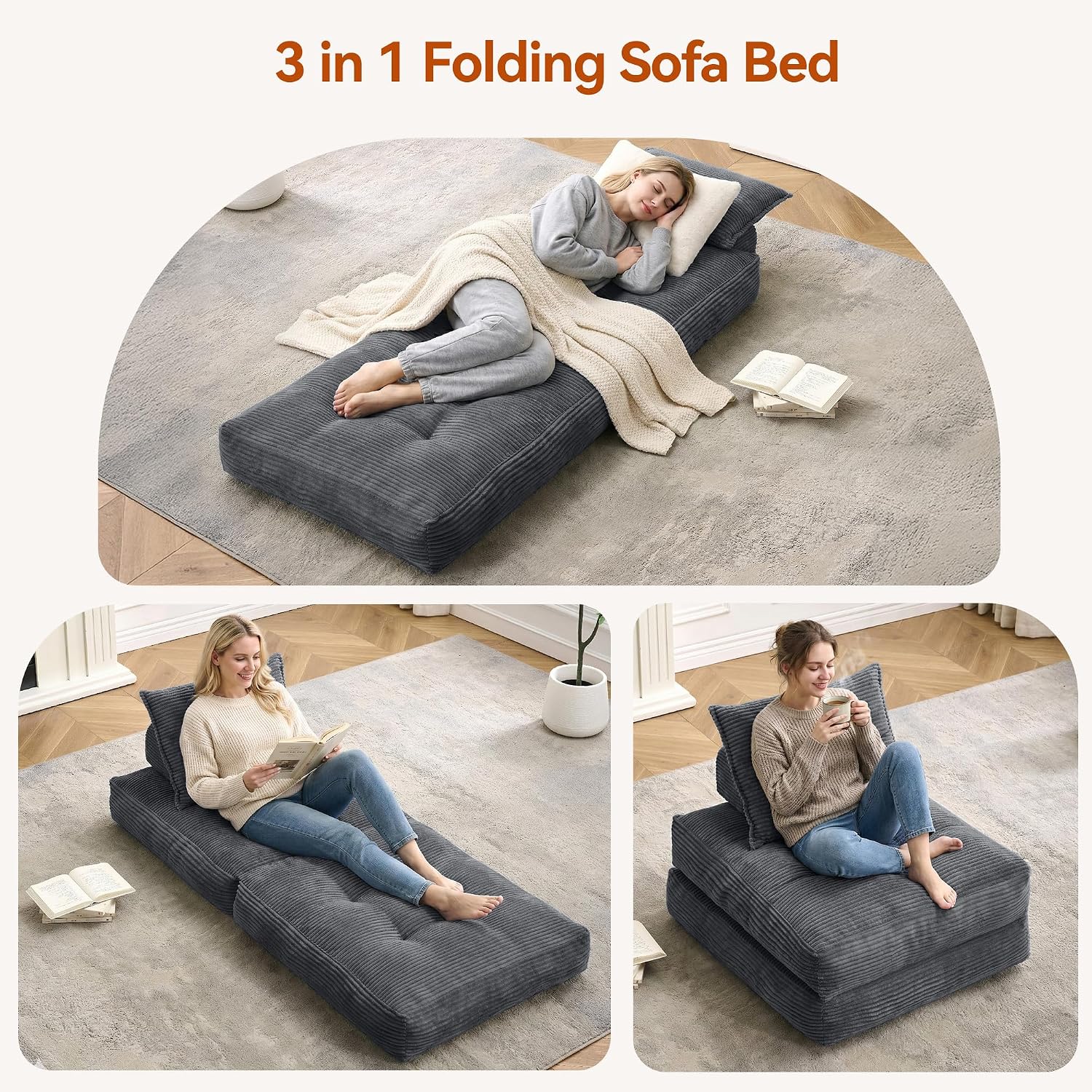 MONVANE Folding Sofa Bed, Fold Out Chair Bed with Pillow, Convertible Sleeper Chair for Living Room/Small Spaces, Foldable Lazy Sofa Bed Floor Chair, Comfy Corduroy Couch Bed, Dark Grey