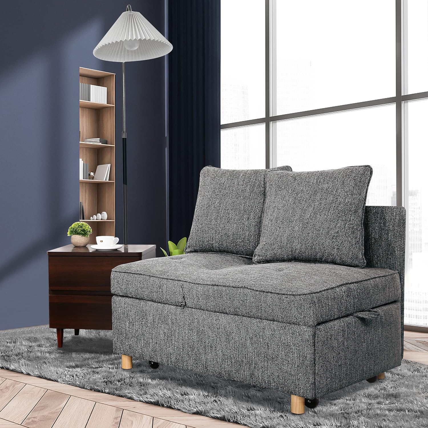 SEJOV Sofa Bed 4-in-1 Convertible Sofas & Couches, 3-Seat Linen Fabric loveseat Sofa with 2 Throw Pillow, Single Recliner for Small Space with 5 Adjustable Backrest, Dark Grey