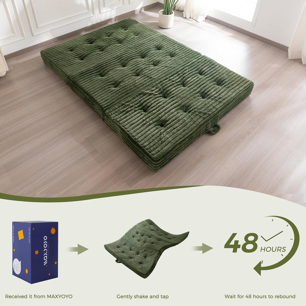 MAXYOYO Floor Sofa Couch, 6 Inch Tri-Fold Floor Sofa Bed, Folding Mattress with Handles, Soft Faux Fur Folding Bed with Supportive Foam Filling, Portable Couch for Living Room, Full, Dark Green