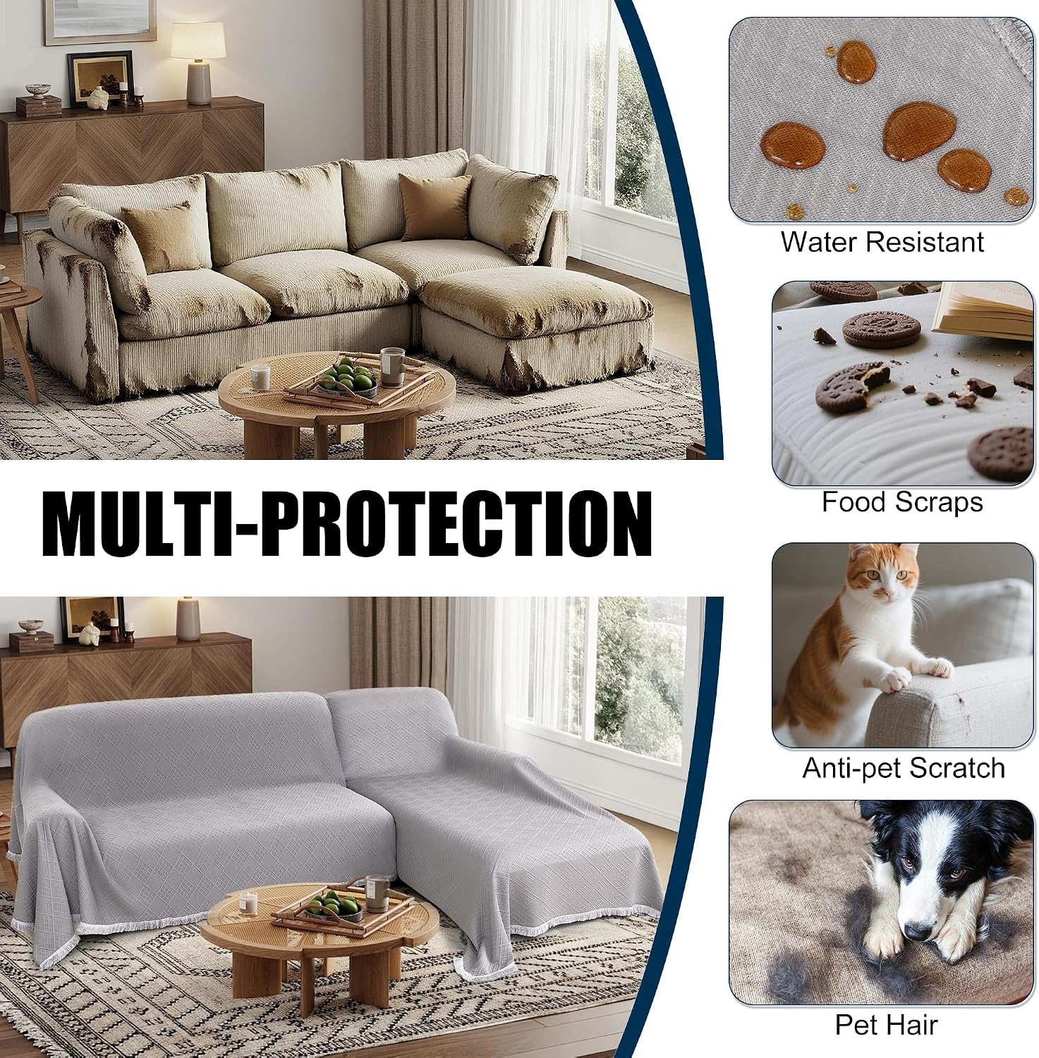 Waterproof L Shaped Sectional Couch Covers Blanket 2 Piece Sectional Sofa Cover Washable L Shape Sofa Slipcover Jacquard Quilted Furniture Protector for Dogs Pets Cats (X-Large, Ash Gray)