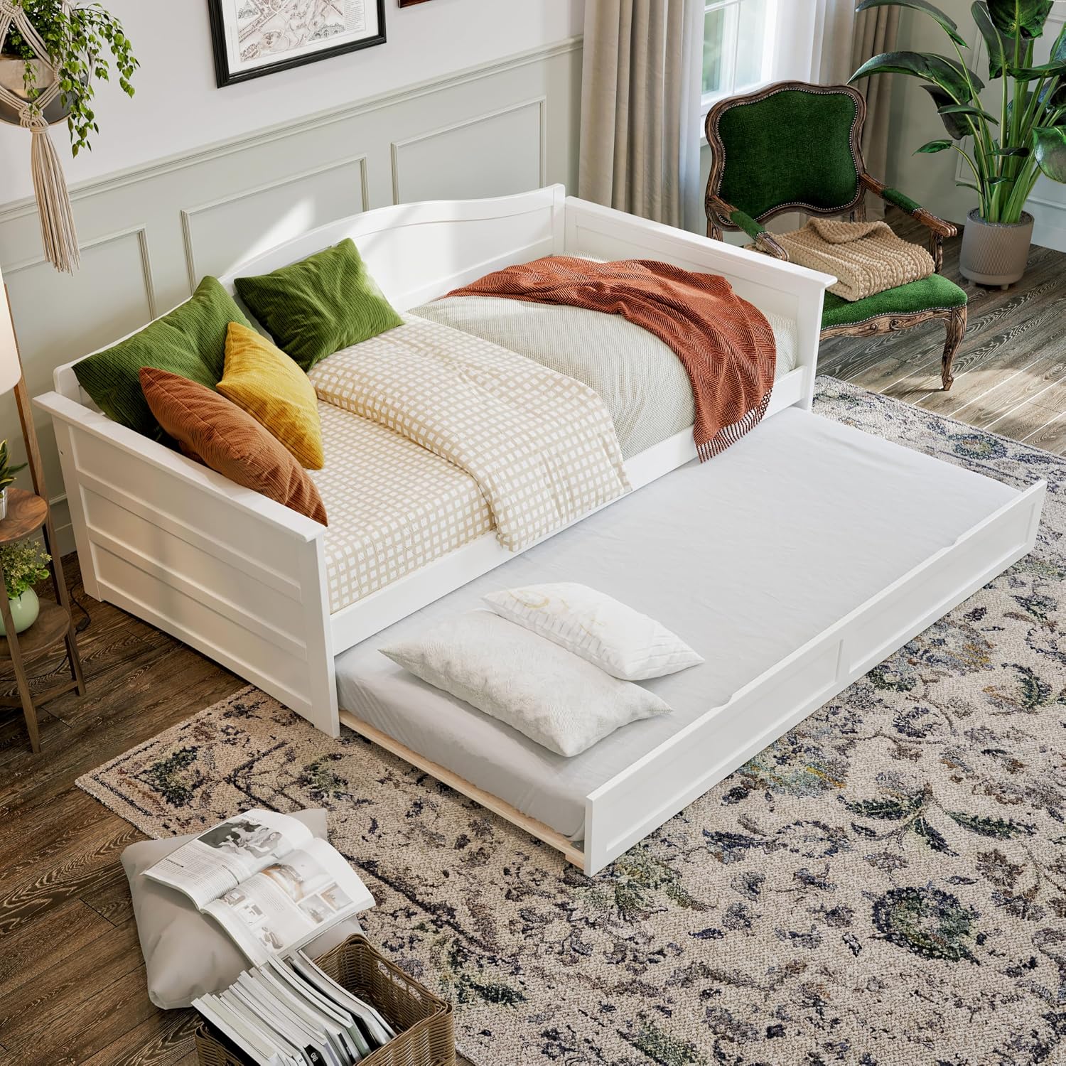 AFI, Acadia Twin Size Wood Daybed Frame with Twin Trundle, White