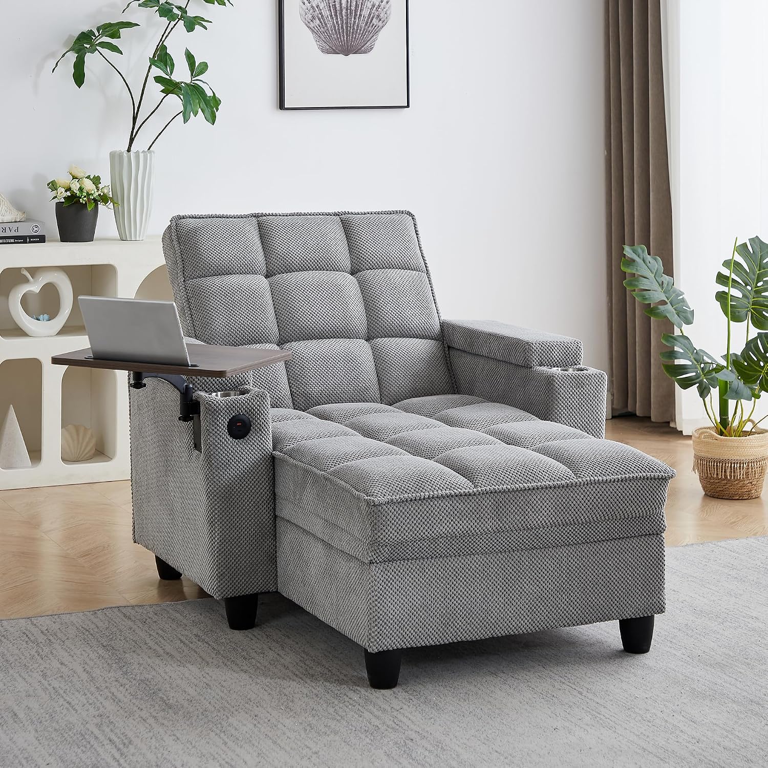 41.7' Chaise Lounge Chair Indoor, Oversized Boucle Upholstered Sofa Bed, Adjustable Backrest Deep Seat Reading Chair, Sofas Couches for Living Room with Storage, Cup Holders & 360° Swivel Side Table