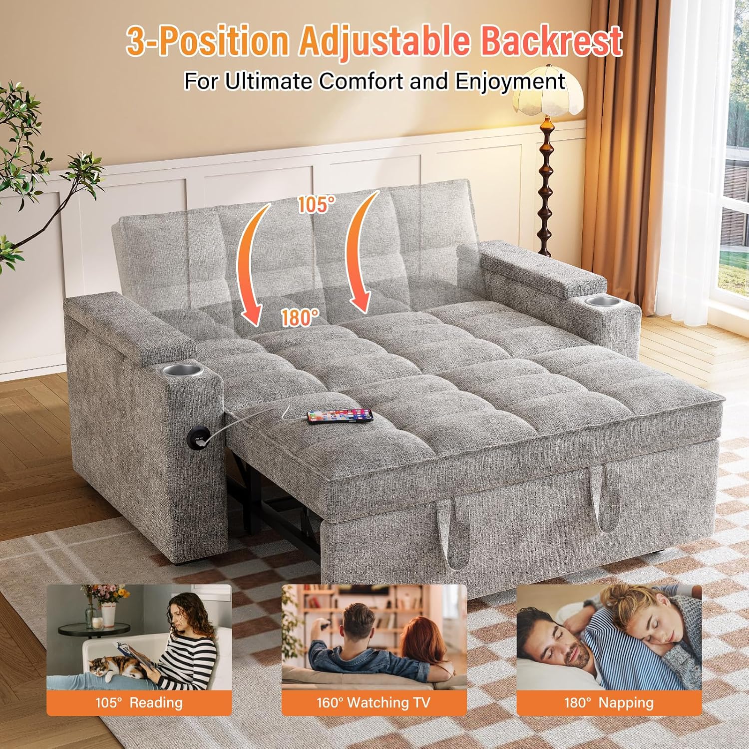 65'' 3-in-1 Convertible Sofa Bed with Adjustable Backrest, Pull Out Sofa, Chenille Couch Sleeper 360° Swivel Side Table, Easy Assembly, for Living Room & Apartments, Gray