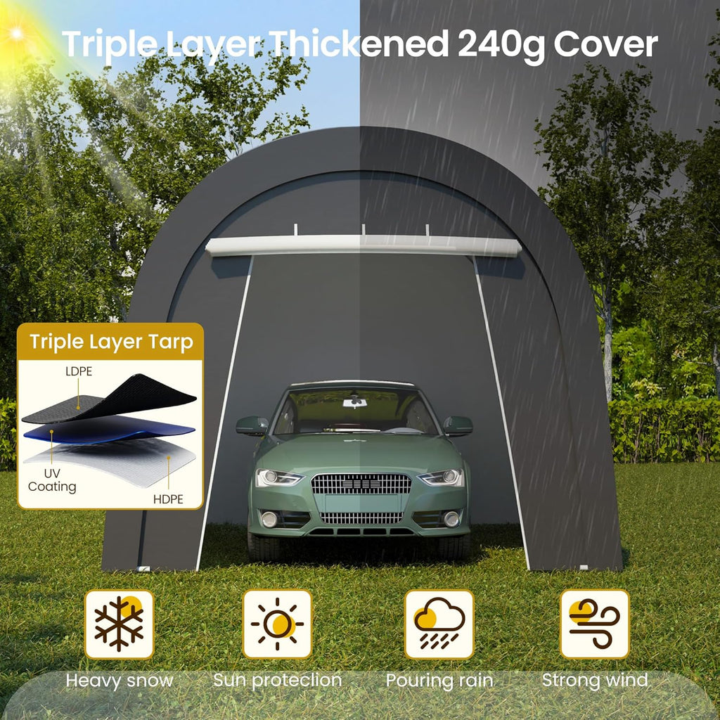 Kiss the Water Domed Carport with 4 Cloth Bags, Portable Garage with 2 Roll-up Doors, Heavy Duty Car Canopy Party Tent, All-Season Storage Shelter Shed for Cars, Truck, or Garden Tools, 10' x 15'