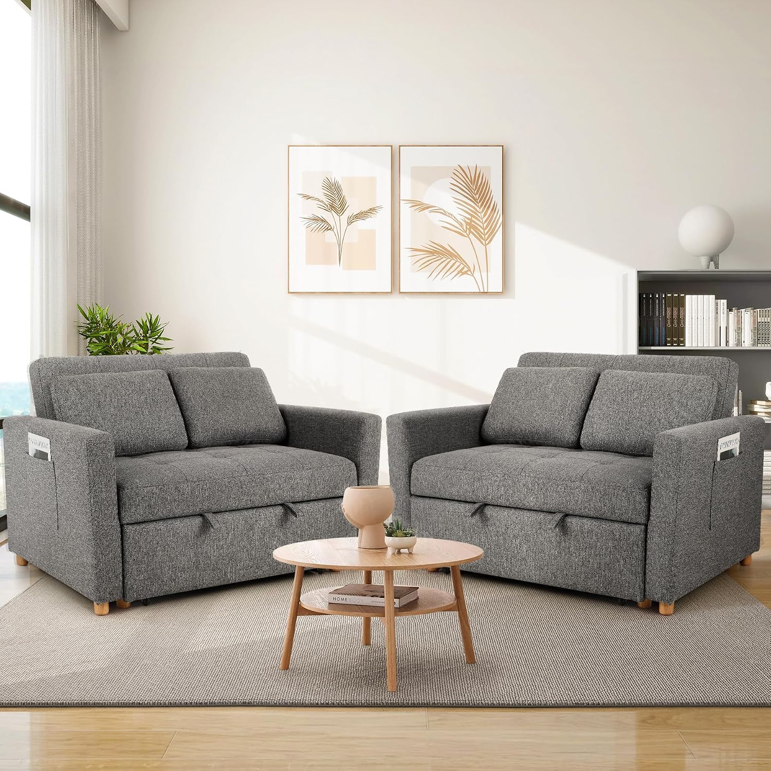 SEJOV Sleeper Sofa Bed, 3-in-1 Convertible Sofa Chair, Linen Fabric Pull Out Couch Bed, Loveseat Sleeper with Spring Support, Adjustable Backrest, 2 Seater Recliner Chair for Small Space, Dark Grey