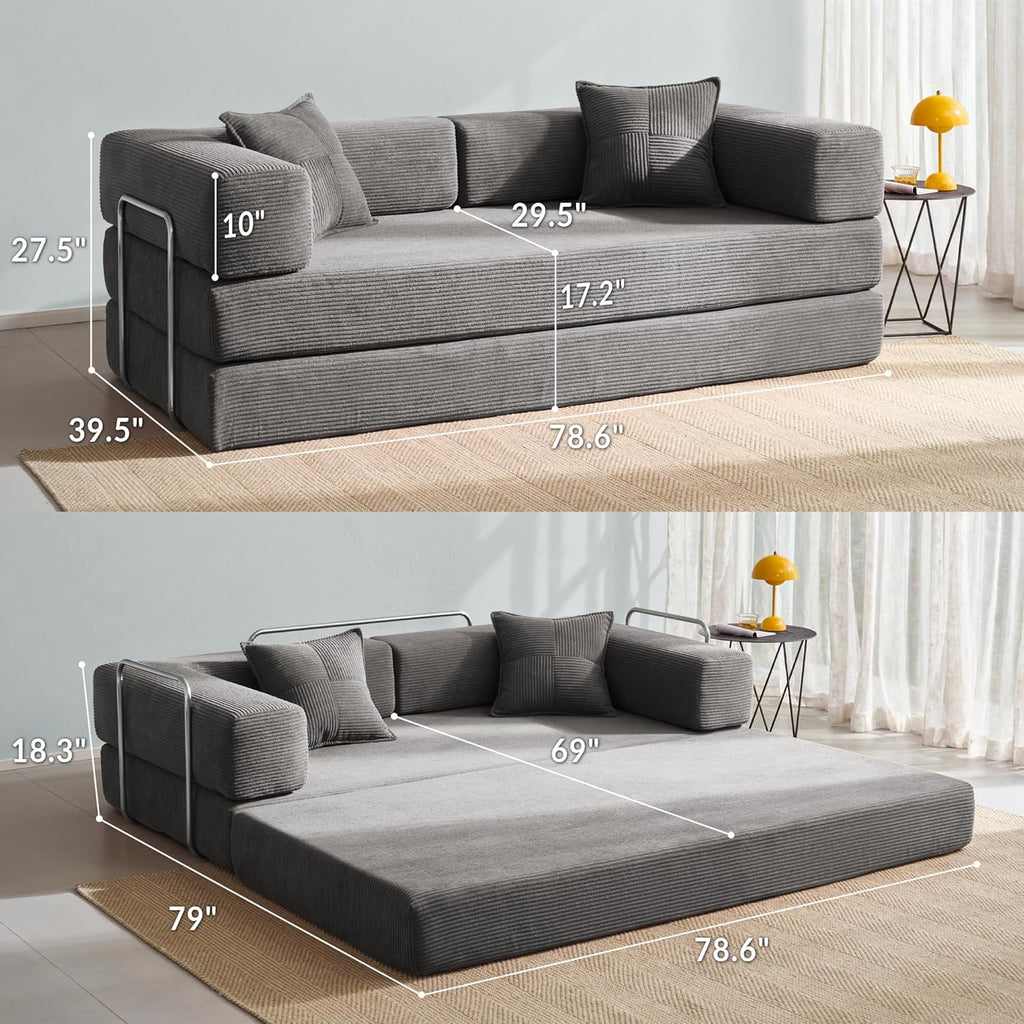 Compression Sofa - 78''Convertible Floor Sofa Bed - with Pillow Back Support Armrest - Comfy Foldable Sofa Bed Compressed Sofa in Box - Corduroy Fabric - for Living Room Bedroom - Silver