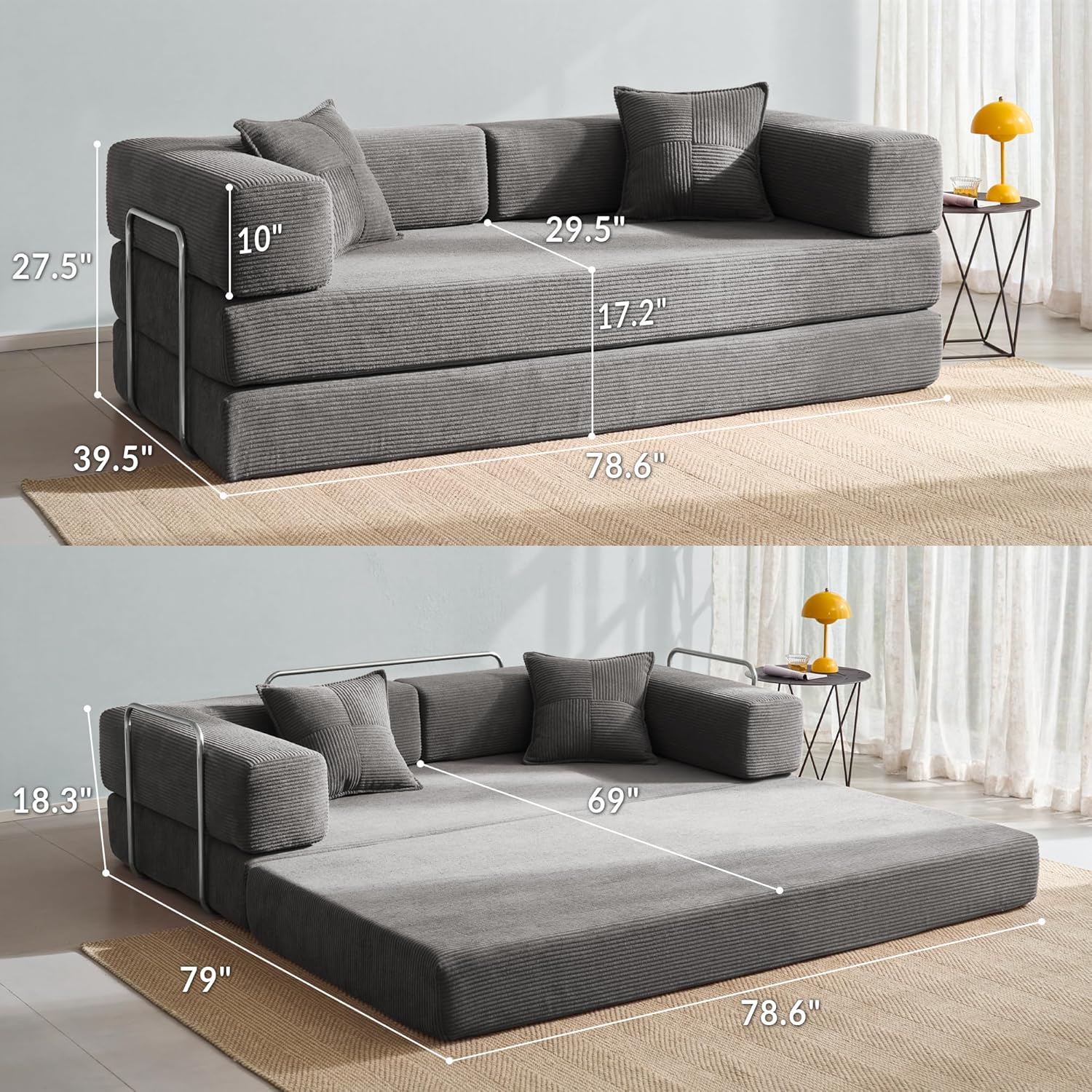 Compression Sofa - 78''Convertible Floor Sofa Bed - with Pillow Back Support Armrest - Comfy Foldable Sofa Bed Compressed Sofa in Box - Corduroy Fabric - for Living Room Bedroom - Silver