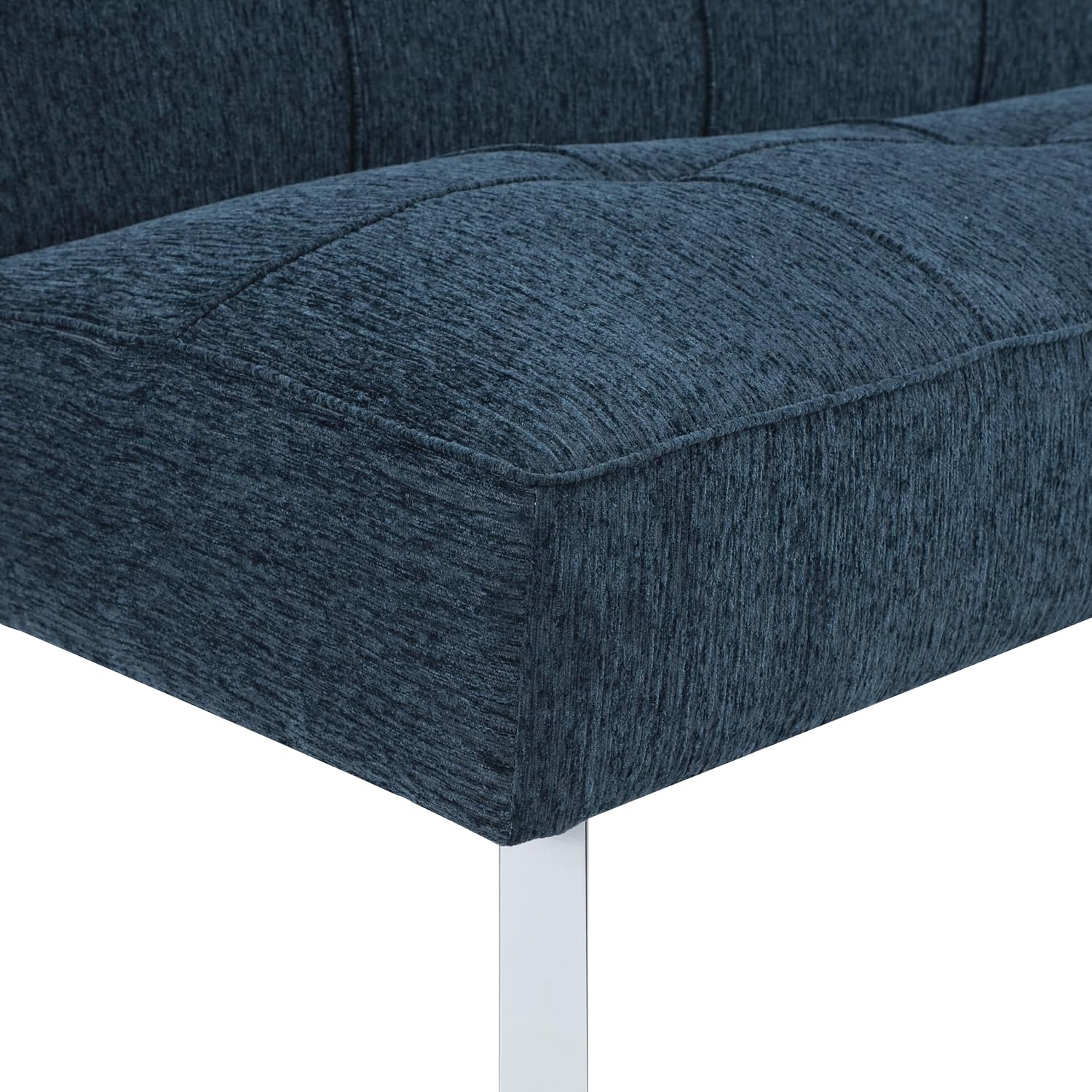 OSP Home Furnishings Kenneth Modern Button Tufted Convertible Click-Clack Futon Sofa Bed, Indigo Blue Fabric with Chrome Legs