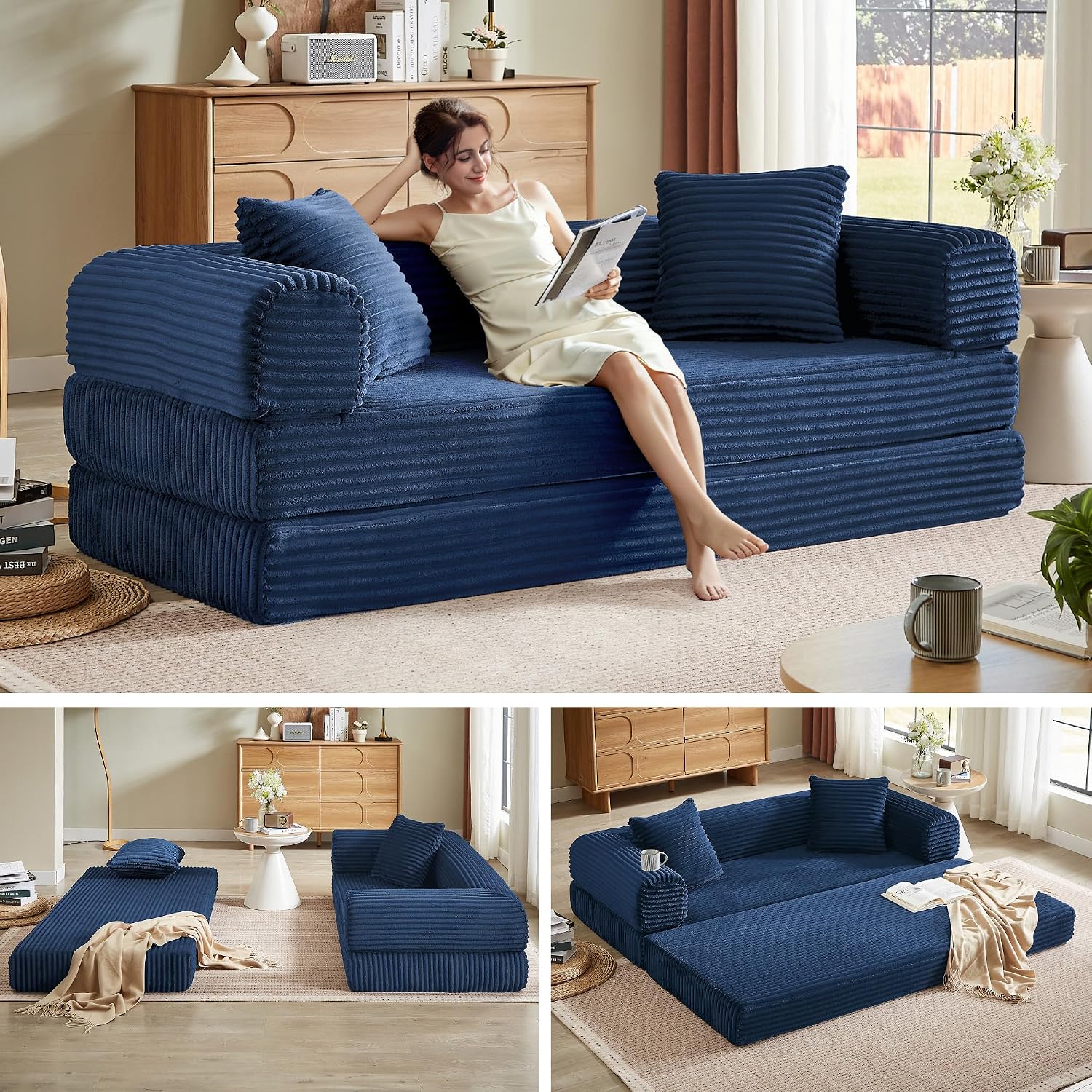 Boneless Couch Futon Sofa Bed Sectional Couches for Living Room,Cloud Couch with Sleeper Sofa,Sofas for Living Room Oversized Corduroy Upholstered (Blue, 76 Inches (No Iron Frame))