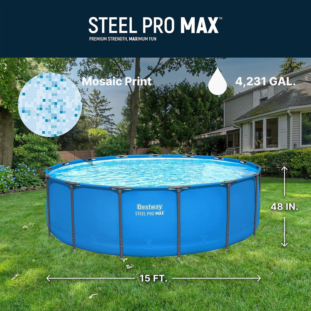 Bestway Steel Pro MAX 15' x 48' Above Ground Pool, Round Metal Frame Outdoor Swimming Pool for Backyard, Blue, Pool ONLY