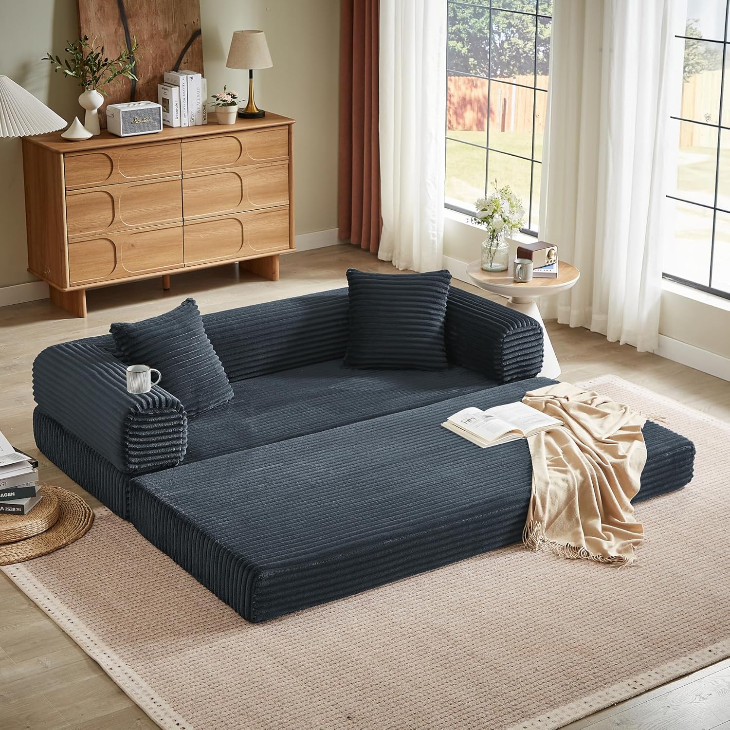 Boneless Couch Futon Sofa Bed Sectional Couches for Living Room,Cloud Couch with Sleeper Sofa,Sofas for Living Room Oversized Corduroy Upholstered (Gray, 76 Inches (No Iron Frame))