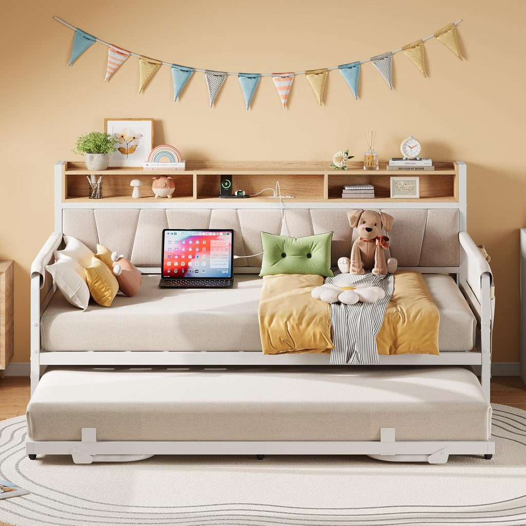 LIKIMIO Daybed with Trundle Bed, Twin Bed Frame with Upholstered Storage Headboard and Charging Station, Sofa Day Bed with Strong Supports for Living Room, Bedroom, and Guest Room, White