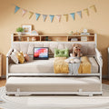 LIKIMIO Daybed with Trundle Bed, Twin Bed Frame with Upholstered Storage Headboard and Charging Station, Sofa Day Bed with Strong Supports for Living Room, Bedroom, and Guest Room, White