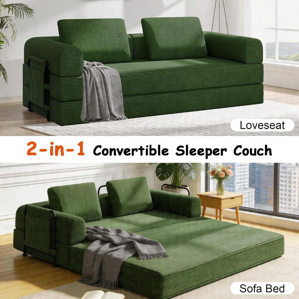 78' Convertible Sofa Bed, 5-in-1 Boneless Sleeper Sofa with with Fixed Frame & Pocket, Corduroy Pull Out Couch with 2 Pillows, Couch Bed for Living Room, Small Spaces, Bedroom, No Assembly