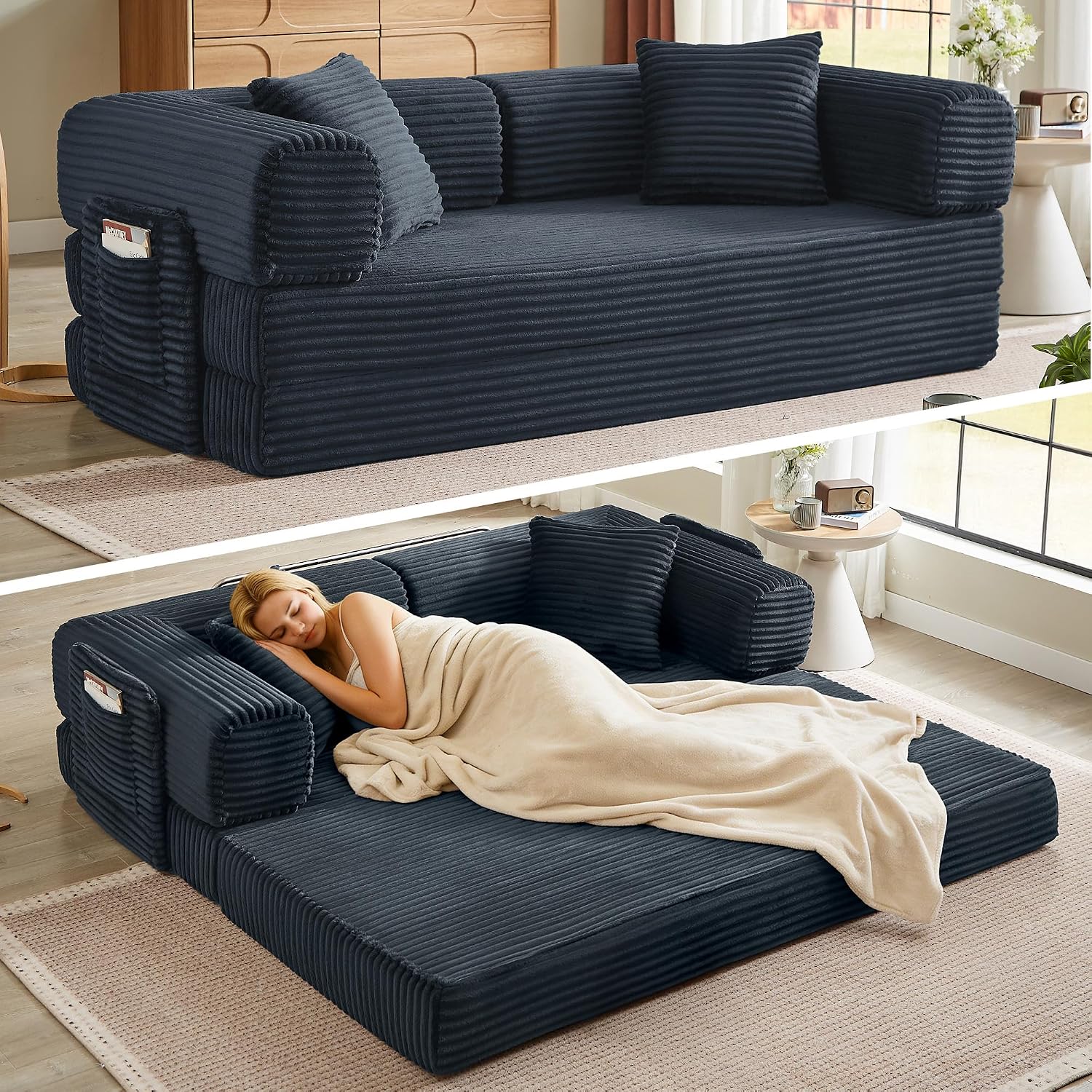 Boneless Couch Futon Sofa Bed Sectional Couches for Living Room,Cloud Couch with Sleeper Sofa,Sofas for Living Room Oversized Corduroy Upholstered (Gray, 81 Inches (with Iron Frame))