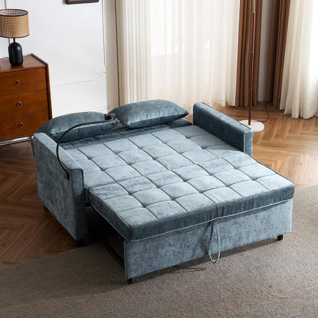 Merax Pull-Out Sleeper Sofa Bed with Reversible Backrest and Two Throw Pillows, 3 in 1 Foton Couch with USB Ports & Phone Holder, Chenille Loveseat for Living Room, Blue