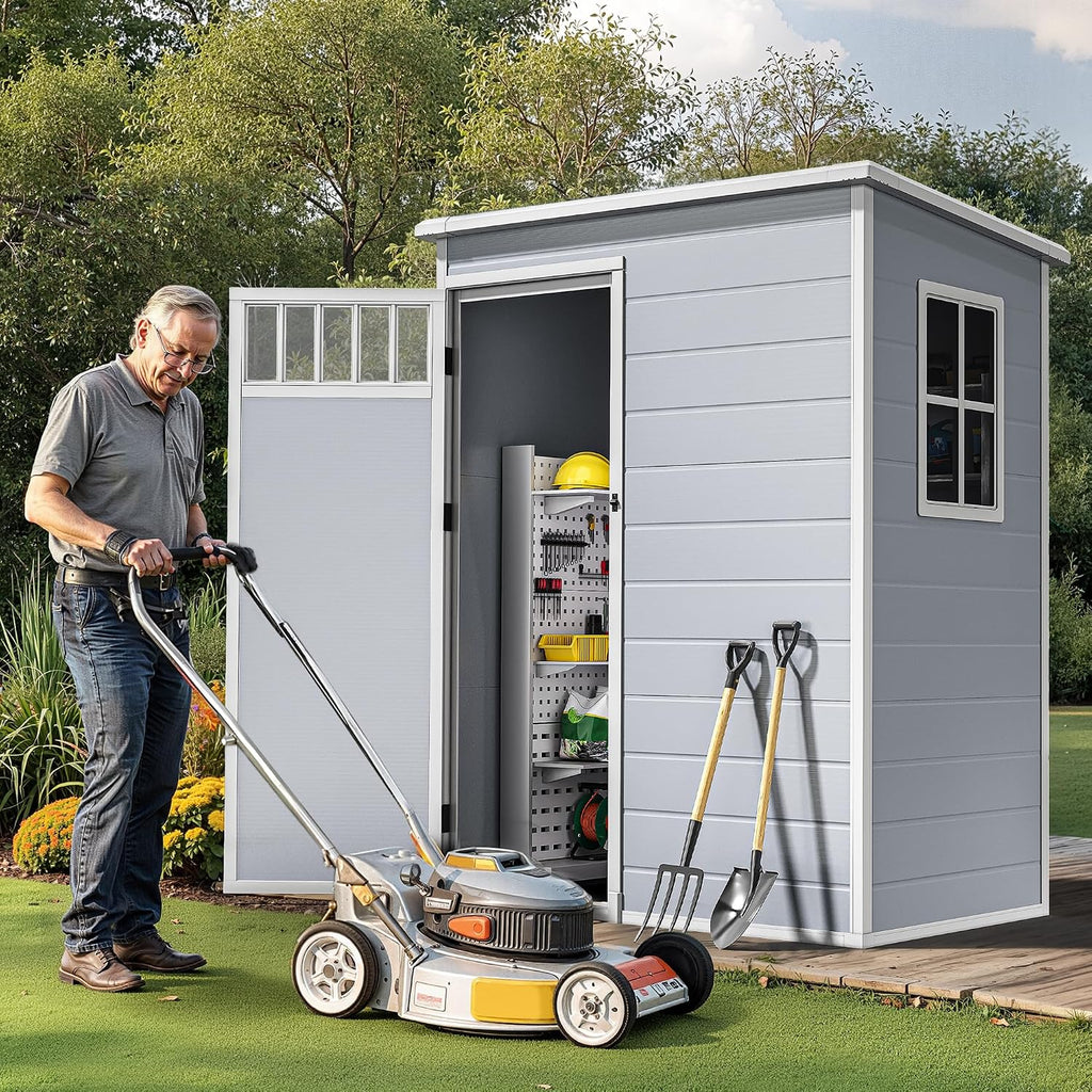 DWVO Outdoor Storage Shed, All-Weather Resin Plastic Storage Shed with Windows, Slanted Roof, Raised Floor, Capacity for Garden Tools & Equipment, Ideal for Backyard & Garden