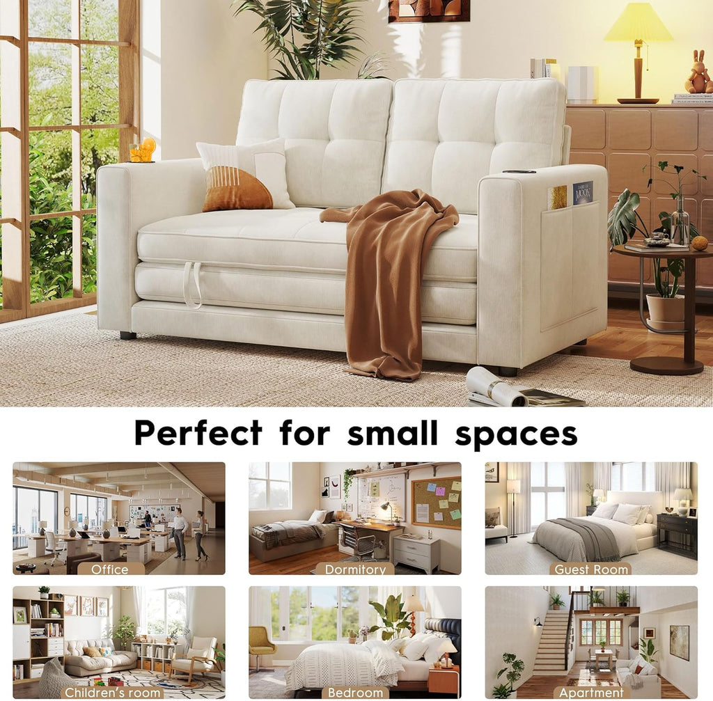 55' Convertible Folding Sofa Bed, Pull Out Couch Love Seat Sleeper Bed, Small Fold Out Loveseat sleeper with Cup Holder and Pillow for Small Space, Bedroom Lounge, Dorm, Living Room(Beige Chenille)