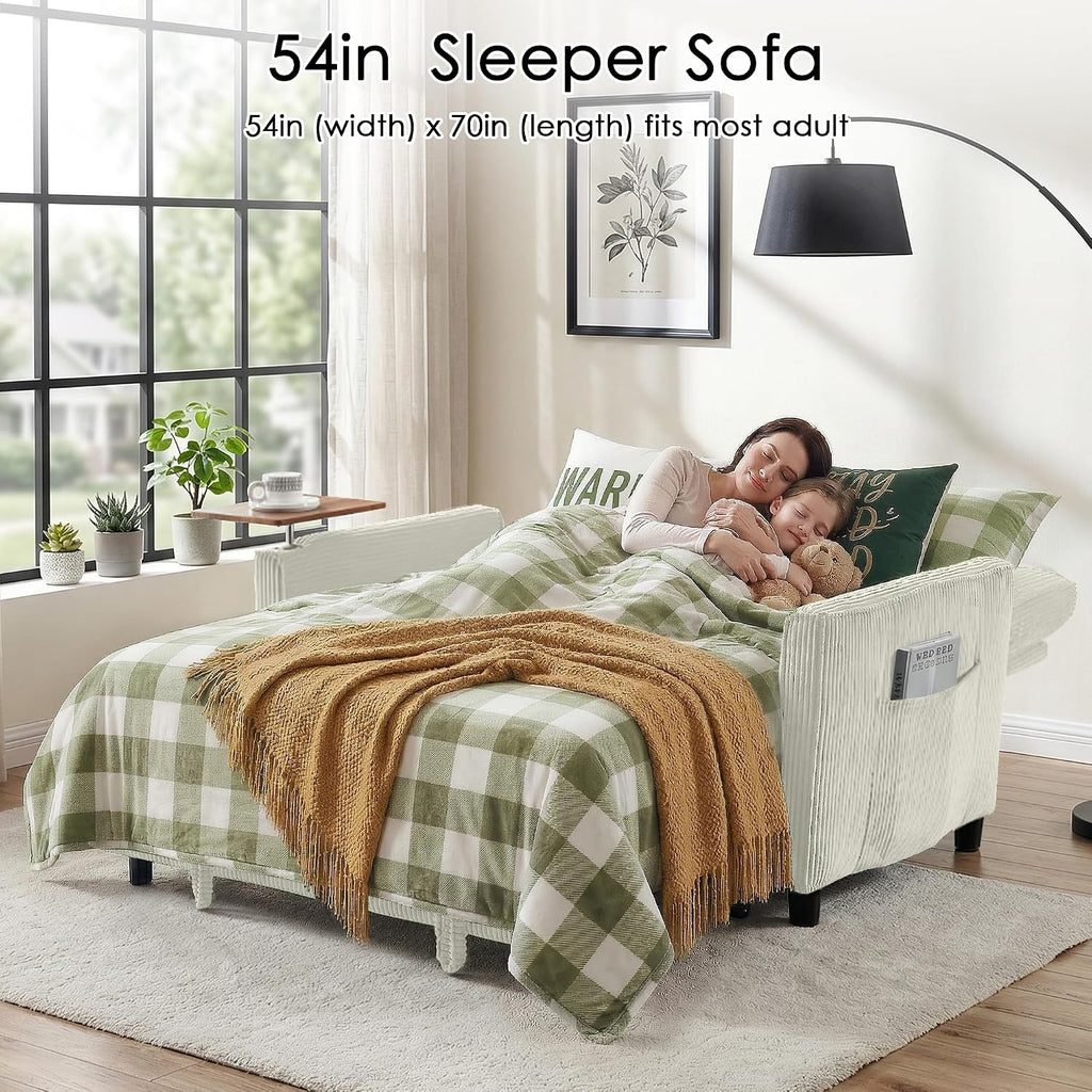 Sleeper Sofa Bed, 54'' Convertible Pull Out Couch with Small Table| USB Port | Stand Table | Corduroy Fabric | Adjustable Backrest for Apartment, Office, Bedroom, Guest Room (Beige)