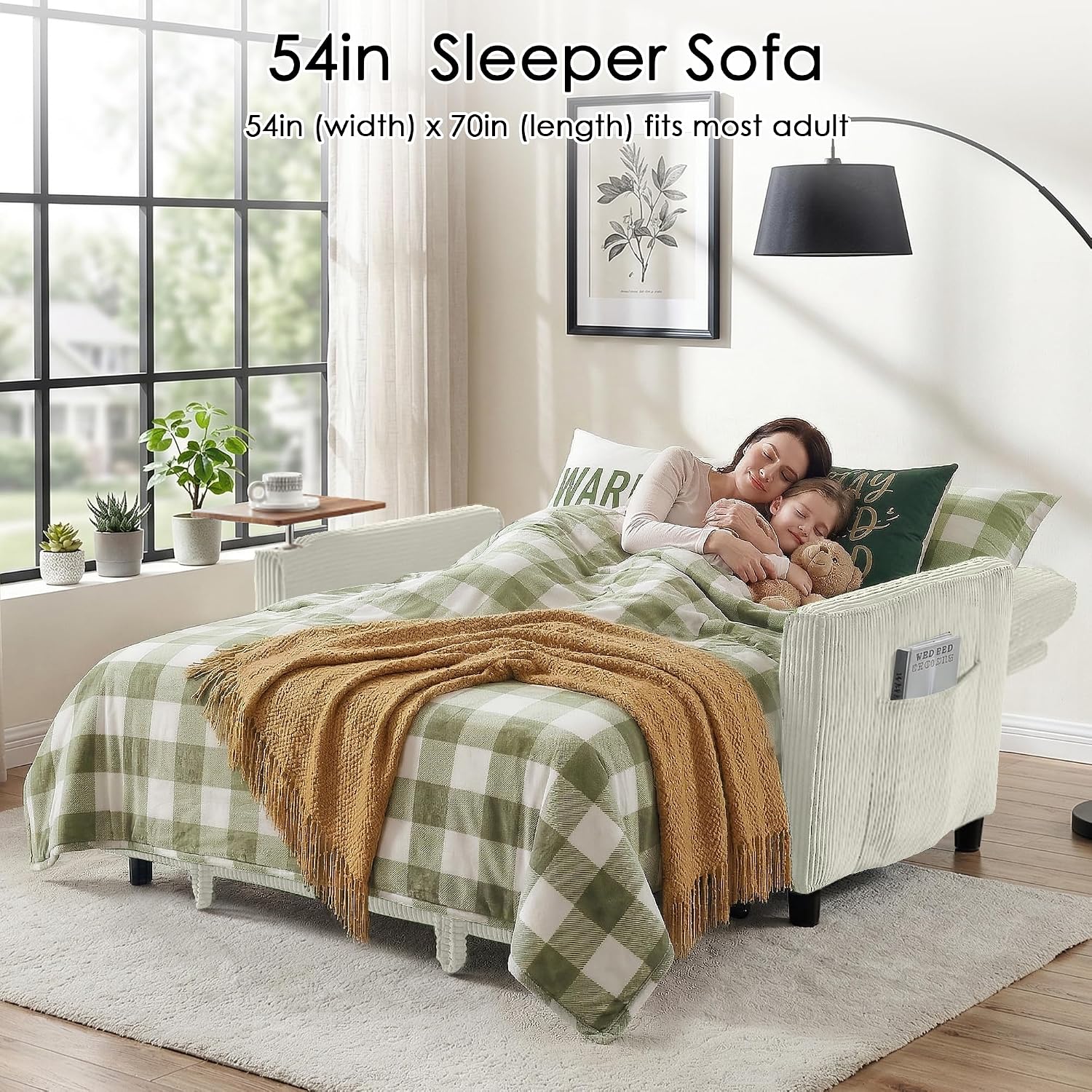 Sleeper Sofa Bed, 54'' Convertible Pull Out Couch with Small Table| USB Port | Stand Table | Corduroy Fabric | Adjustable Backrest for Apartment, Office, Bedroom, Guest Room (Beige)